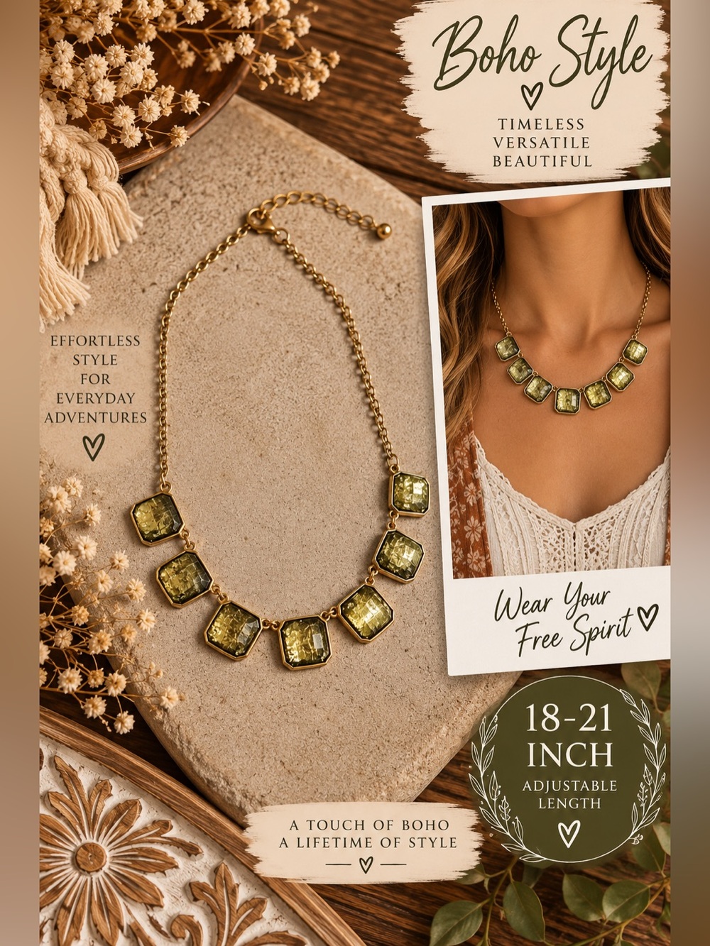 742 Boho Gold Necklace with Green Gem Squares - Timeless Versatile Style